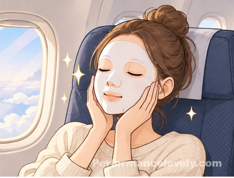 機内でシートマスクを貼ってリラックスする女性のイラスト